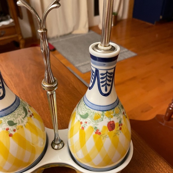 Ceramic Oil and Vinegar Dispenser Set - Blue and Yellow hand painted.  Cruet Set - Picture 5 of 7